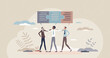 Mediation as deal negotiation and third party solution in dispute or conflict situations tiny person concept. Arbitration for agreements and difficult relationship settlement vector illustration.