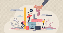 Work Cooperation, Partnership And Teamwork For Job Task Tiny Person Concept. Successful And Productive Strategy To Reach Goal With Unity And Working Together Vector Illustration. Effective Development