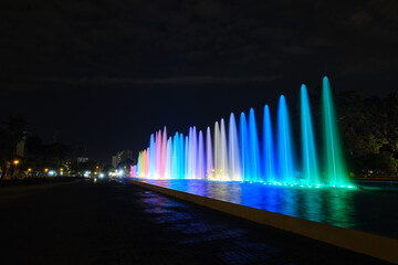 Night scene of waterfalls in the pools of the magic water circuit in Lima; recreational park popular for the colorful colors of its waters.