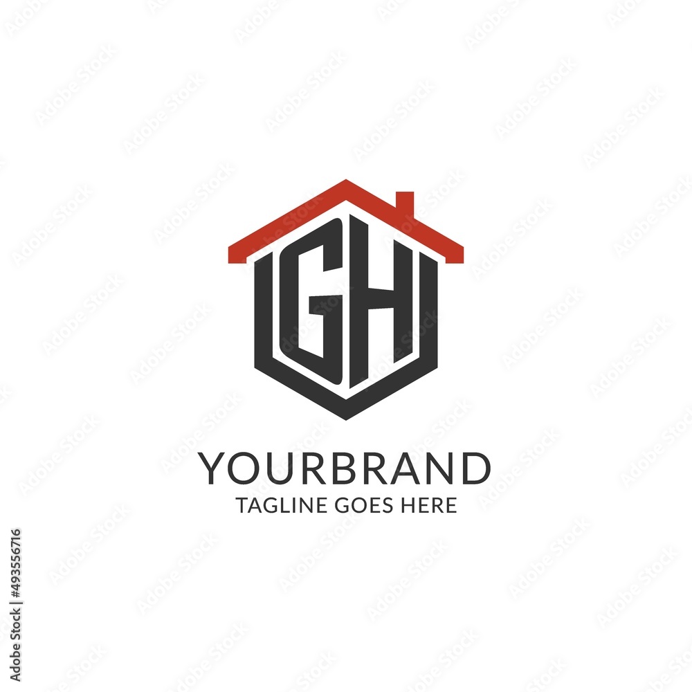 Initial logo GH monogram with home roof hexagon shape design, simple ...