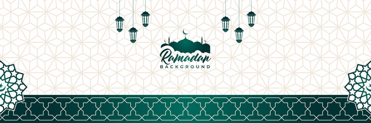 Islamic background, Gift box, lantern, green crescent moon on white. Design concept of ramadan kareem, mawlid, iftar,isra and miraj or eid al fitr adha, copy space text area. Vector illustration