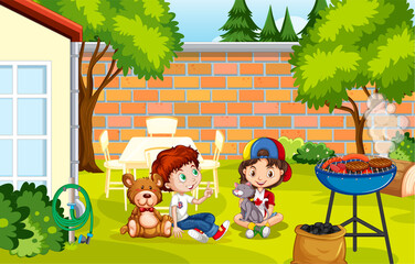 Poster - Scene with kids playing in backyard