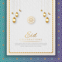 Poster - White and Blue Luxury Eid Mubarak Islamic Background with Decorative Ornament Frame and Lanterns