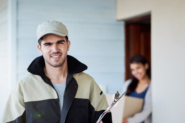 Sticker - He always delivers. Portrait of a courier making a home delivery to a customer.