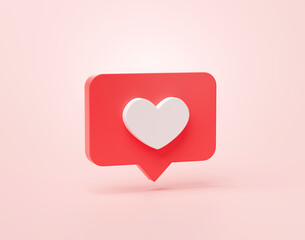 Fototapete - Heart shape or favorite social media notification icon in speech bubbles 3d cartoon banner website ui on pink background 3d rendering illustration