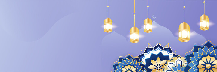 Islamic ramadan banner background with crescent pattern moon star mosque lantern. Vector illustration. Design for Eid Fitr, Eid Adha, Ashura, Islamic New Year, Muharram, Mawlid, Hajj, and Isra Miraj