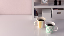 二つのコーヒーカップが置かれたテーブル　3DCG　部屋　背景
