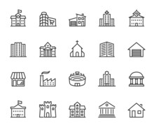 Vector Set Of Building Line Icons. Contains Icons Mall, House, Bank, Church, Factory, Stadium, Mansion, Castle And More. Pixel Perfect.