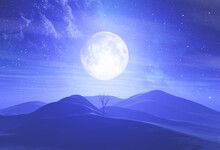 3D Moonlit Landscape Against Starry Sky