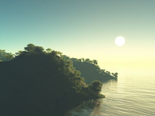 Wall Mural - 3d tree landscape against sunset sky