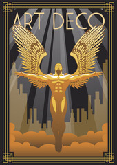 Art Deco Golden Winged Man Poster. 1920s Style Retro Illustration