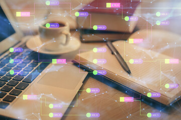 Aufkleber - Double exposure of technology theme drawing and desktop with coffee and items on table background. Concept of data research.
