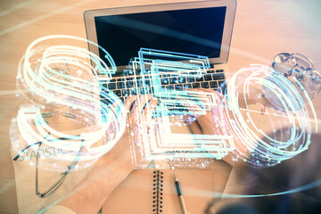 Aufkleber - Multi exposure of man's hands typing over computer keyboard and SEO hologram drawing. Top view. Search optimization concept.