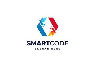Poster - Triangle smart code random tech colorful vector logo design, Creative technology digital coding system logo design