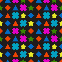 Poster - Colored shapes on a black background. Vector with crosses, stars and triangles.