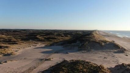 Wall Mural - 4k aerial video of dutch dune landscape at coastal defence national park Kennemerland during golden hour  