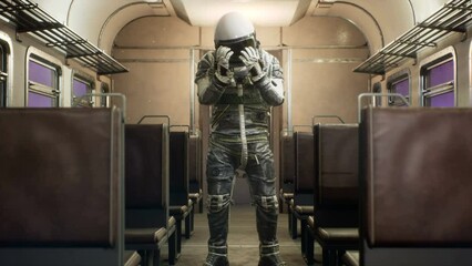 Wall Mural - An astronaut is defeat on an interstellar space train travelling at superluminal speed. The concept of fantasy space travel. The animation is perfect for space, fantasy and sci-fi backgrounds.