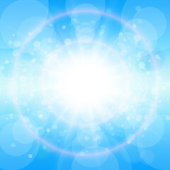 Wall Mural - summer sunny background, blue sky with glaring sun and blurry bokeh, spring or summer natural backgr