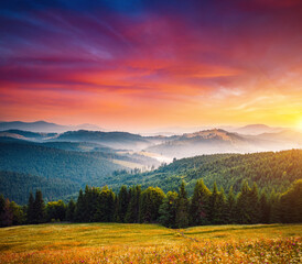 Canvas Print - Spectacular summer sunset scene in the mountains with perfect sky. Carpathian mountains, Ukraine.