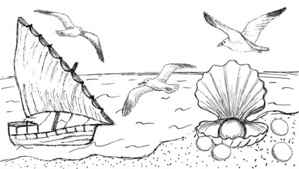 Wall Mural - Rough hand-drawn sea coast sketch with ship, seagulls and pearl shell on sand. Seascape simple vector black and white illustration with copy space