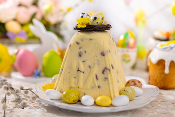 Wall Mural - Traditional Easter Cottage Cheese Dessert for Orthodox Easter..Festive table with Easter treats and decoration
