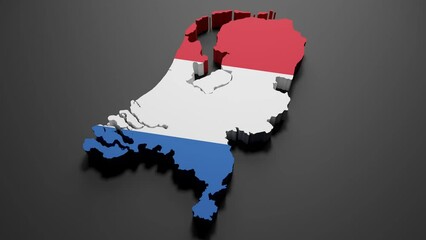Wall Mural - 3d rendering of a Netherland map in Netherlanden flag colors on black background. 4K Video motion graphic animation.