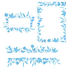 Watercolor Blue Floral Frame Set On White Background 