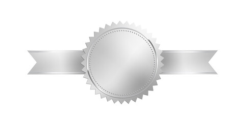 Wall Mural - silver 3d stamp with ribbon isolated on white background. luxury chrome seal. vector design element