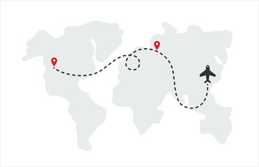 Poster - World map with airplane, flight routes and pins. Vector