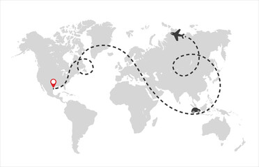 Poster - airplane track to point with dashed line way and world map on white background. vector