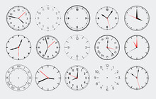 Circle Watch Face. Clock With Marks Numbers And Arrows. Vector Isolated Set