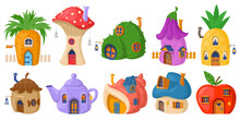 Fairy Mushroom House, Cartoon Fairytale Tiny Forest House. Fairytale Plants, Gnomes Or Hobbit Houses Vector Illustration Set. Fantasy Cute Buildings