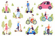 © WinWin - People riding electric transport, bicycle, scooter, electric car. Healthy lifestyle and active recreation characters vector illustration set. Healthy outdoor sport activities