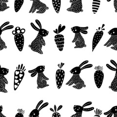 Wall Mural - Cute rabbits and carrots in the Scandinavian forest. Seamless template can be used for wallpapers, fill templates, web pages backgrounds, surface textures