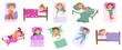 Sleeping kids, baby bedtime, little child napping characters. Kindergarten nap time, boys and girls sleep in beds vector illustration set. Children dream time