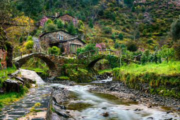 Wall Mural - Traditional Houses and Bridges at Foz d'Egua, near Piodao, Portugal