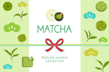 Japanese style pattern decoration background with matcha flavor cookies and tea leaves