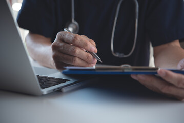 Sticker - Doctor filling patient's checklist document and prescription, surgeon writing on medical chart clipboard in hospital