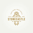 © BLAZYBONE - stone castle simple line art logo icon template vector illustration design. medieval castle above the stone with flag symbol