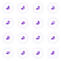 Wall Mural - hand and money purple color vector icons on light round buttons with purple shadow. hand and money icon set for web, mobile apps, ui design and print