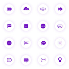 Wall Mural - new stickers purple color vector icons on light round buttons with purple shadow. new stickers icon set for web, mobile apps, ui design and print