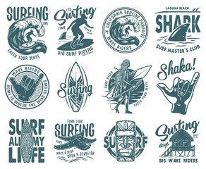 Sticker - Surfing set with surfer and syrf on wave. Shaka, shark starfish on coast and surfboard for summer vector t-shirt hawaii apparel design