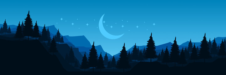 mountain landscape with moon and star flat design vector illustration good for wallpaper, banner, ba
