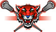 tiger mascot head with crossed lacrosse sticks for school, college or league