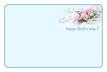 母の日　ピンクのカーネーションと白い孔雀草の花束のフレーム（母の日用文字入り）（ブルーバック）