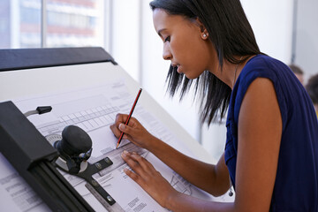 Poster - This is what she does best. Cropped shot of an attractive female architect working at a drawing board.
