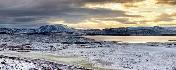 Wall Mural - panorama of volcano craters if the geothermal region of myvatn, iceland. sunrise over the lake in ea