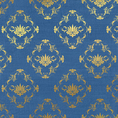 Wall Mural - Vintage tapestry texture backdrop. Blue paper with gold baroque pattern