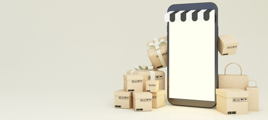 Concept online Sopping. boxes, parcel, cardboard box and shopping bag with Smartphone Online Shopping screen front store shop isolated on white background 3d rendering illustration