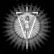 © desertsands - Jesus Christ crucifixion in space on sacred geometric cross, triangle and circles mandalas. Body tattoo. Symbol of Christianity prayer and religion. Concept spiritual and sacred holy.
